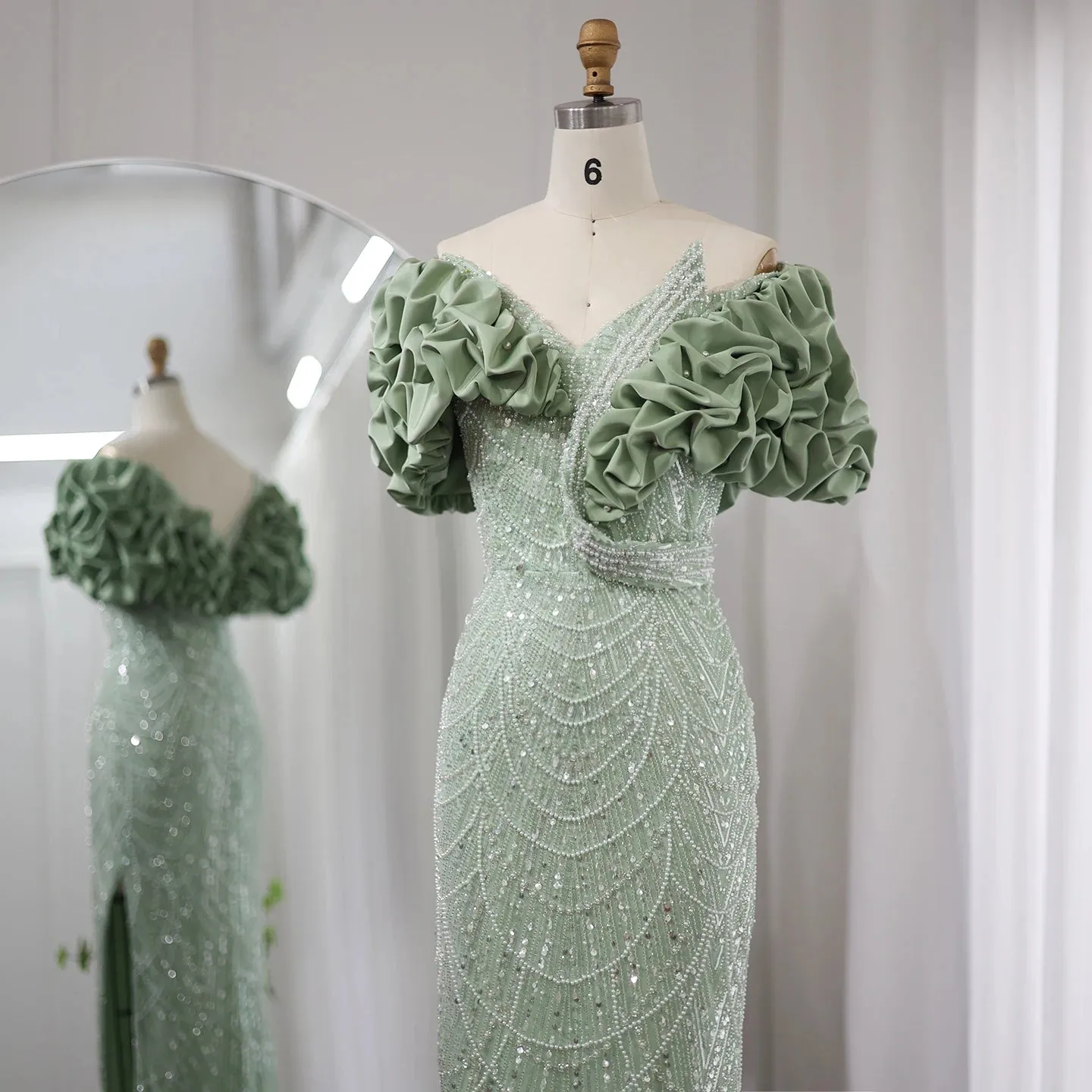 Elegant Off Shoulder Mermaid Sage Green Evening Dresses Luxury Dubai Women Arabic Champagne Wedding Party Gown