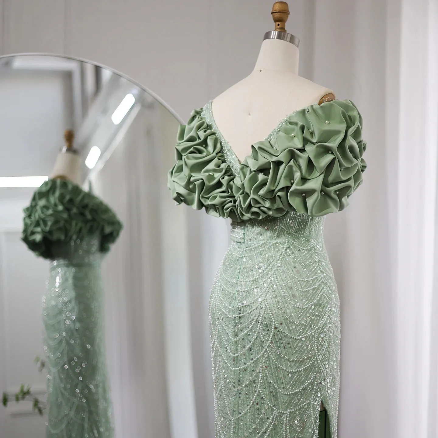 Elegant Off Shoulder Mermaid Sage Green Evening Dresses Luxury Dubai Women Arabic Champagne Wedding Party Gown