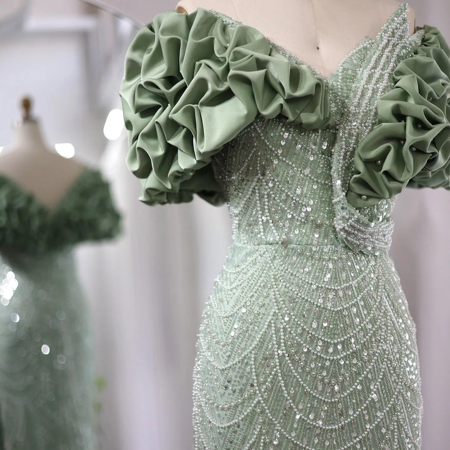 Elegant Off Shoulder Mermaid Sage Green Evening Dresses Luxury Dubai Women Arabic Champagne Wedding Party Gown