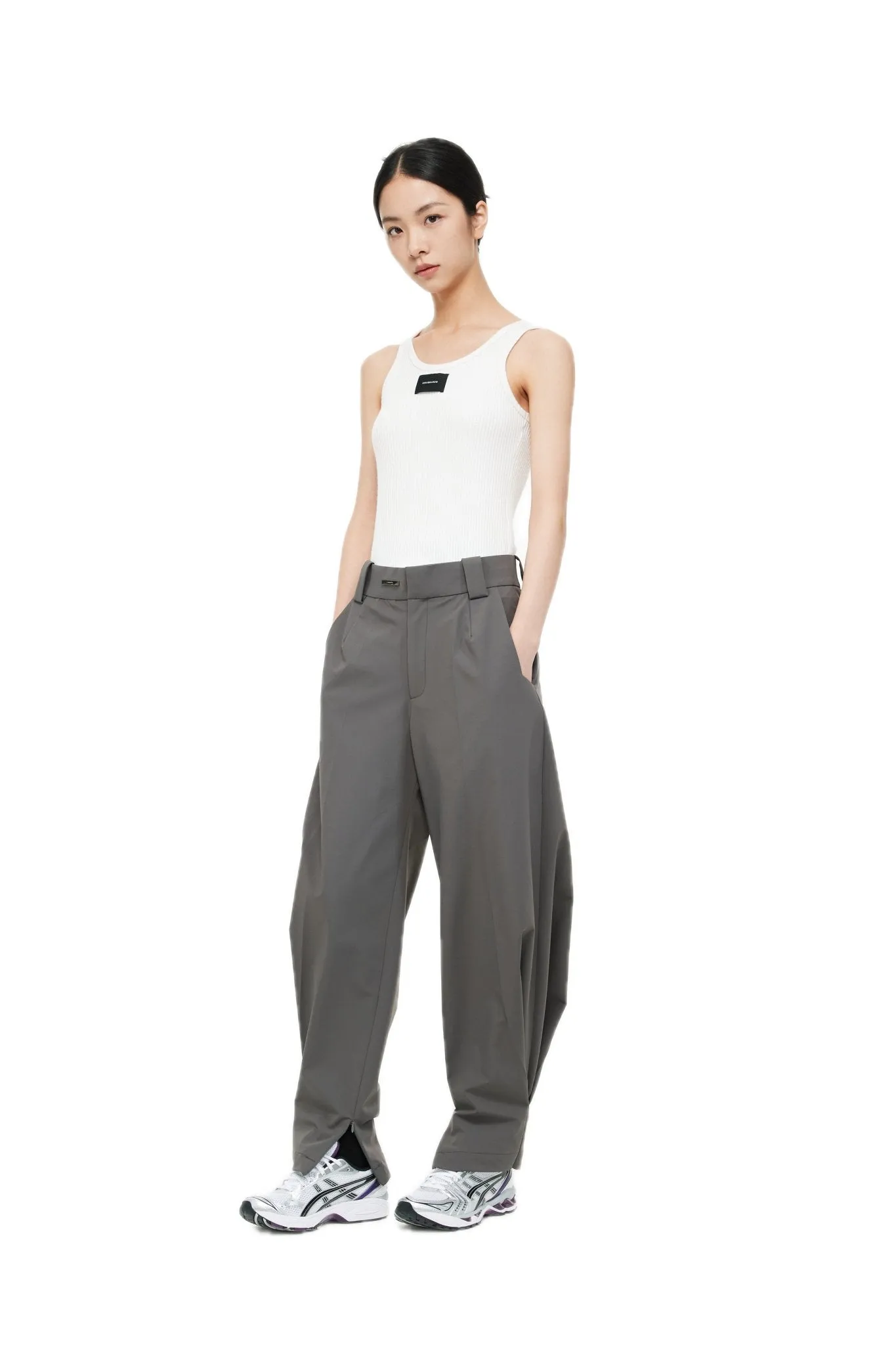 Grey Pleated Tapered Zip Slit Trousers