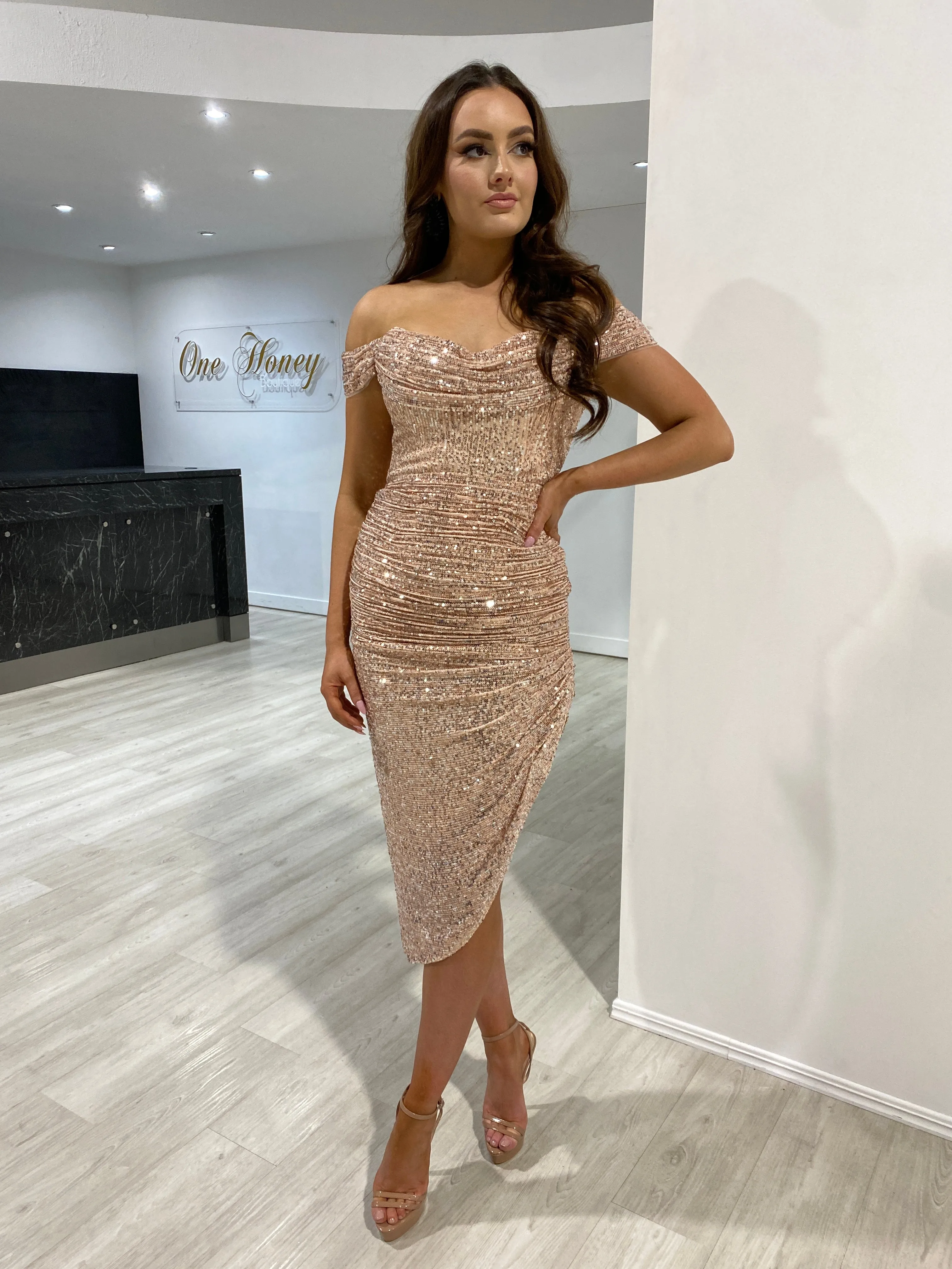 HESTA Sequin Off Shoulder Bustier Midi Dress