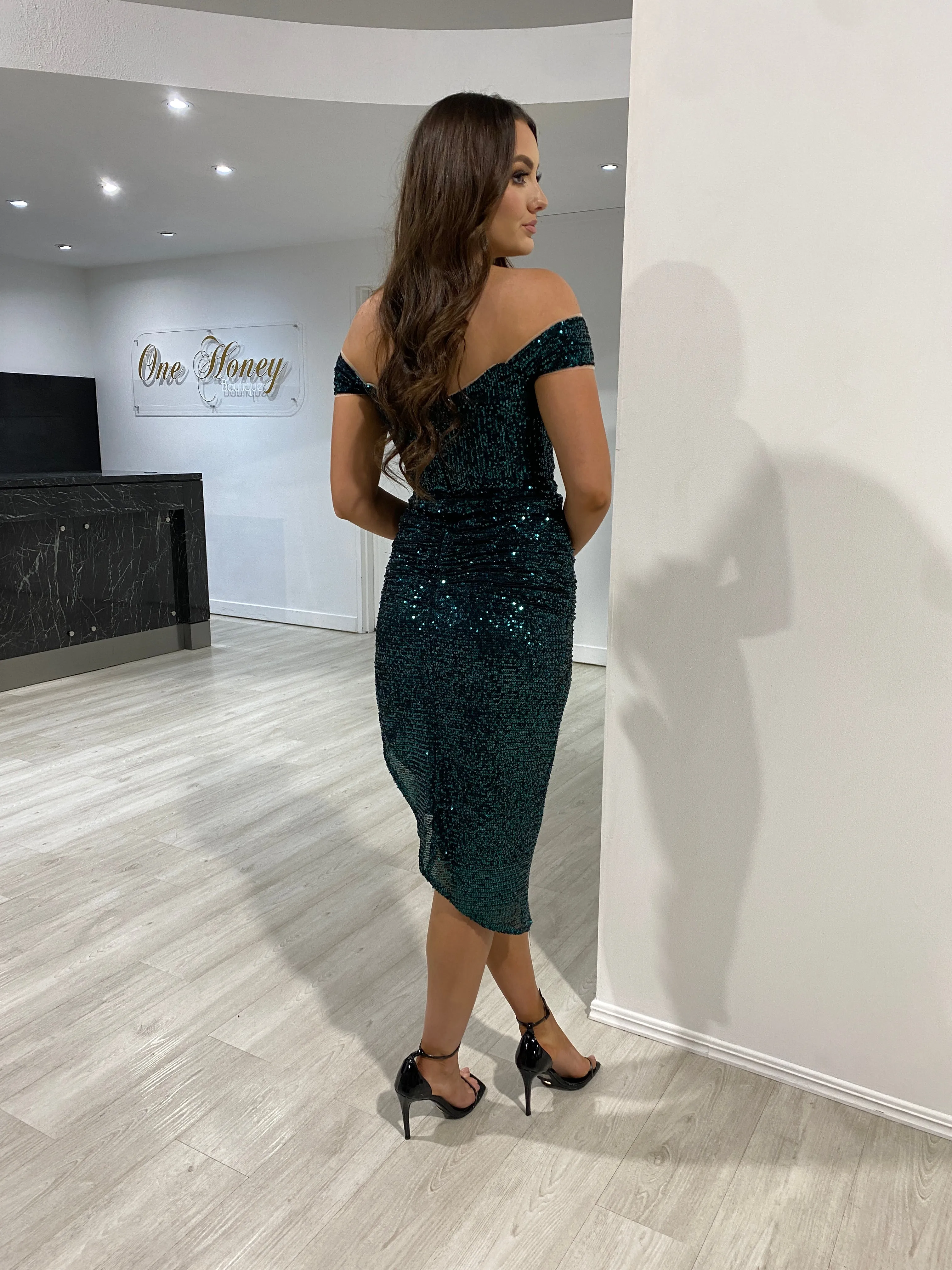 HESTA Sequin Off Shoulder Bustier Midi Dress