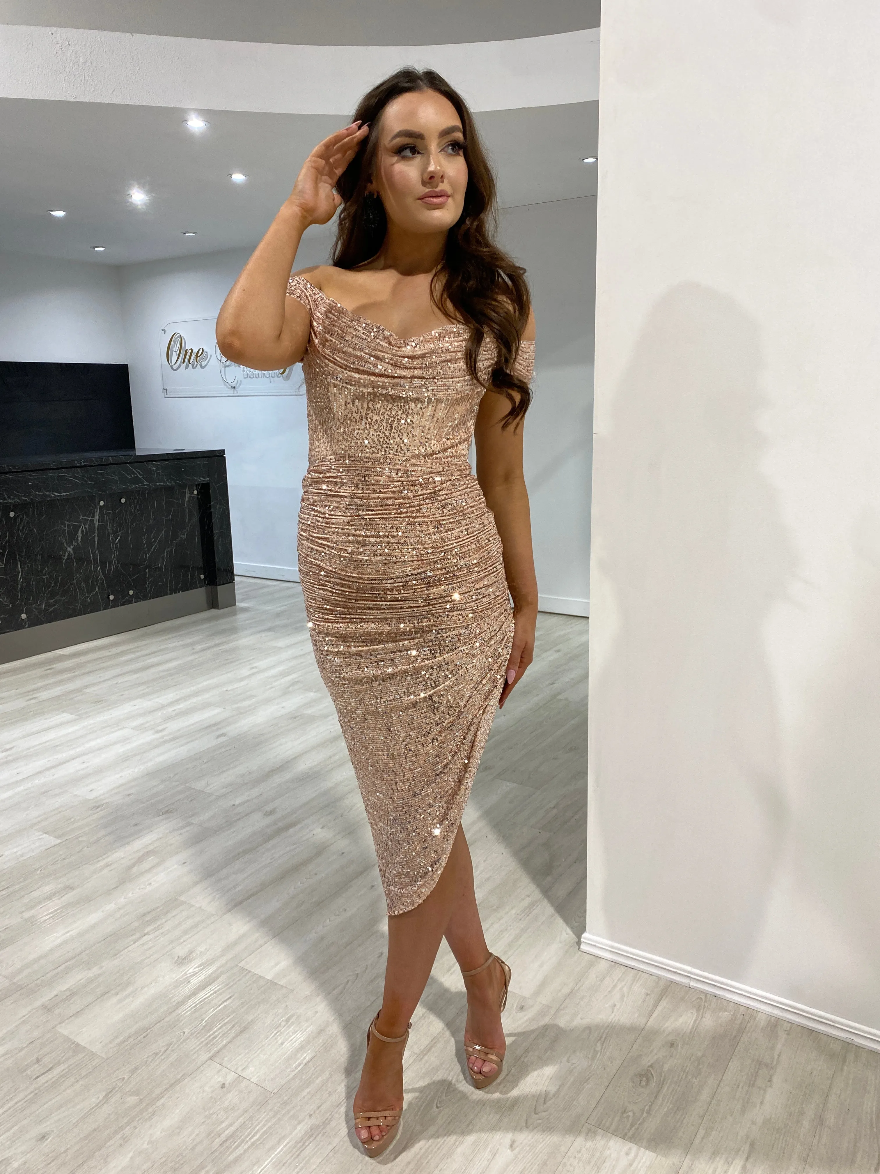 HESTA Sequin Off Shoulder Bustier Midi Dress