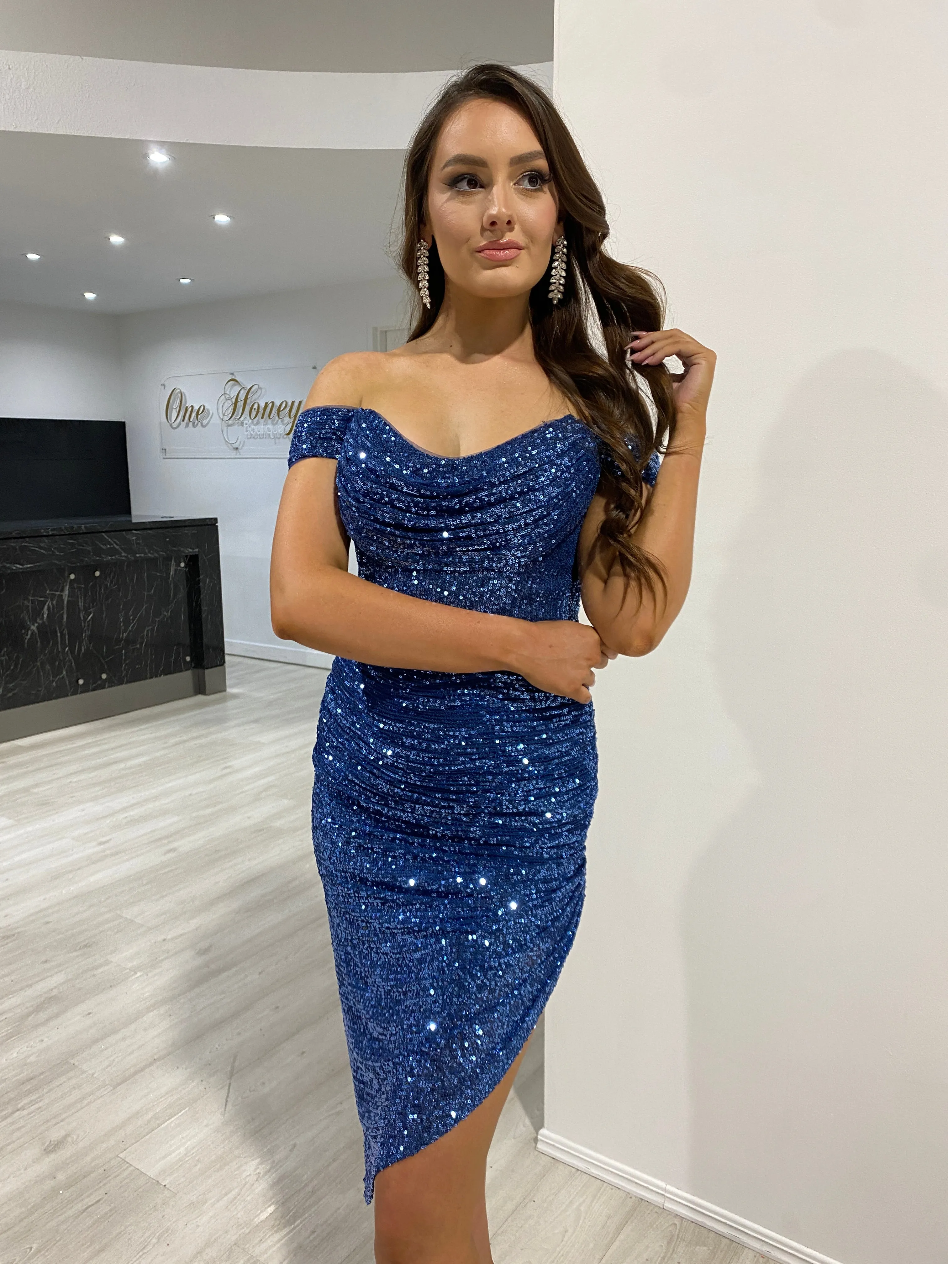 HESTA Sequin Off Shoulder Bustier Midi Dress