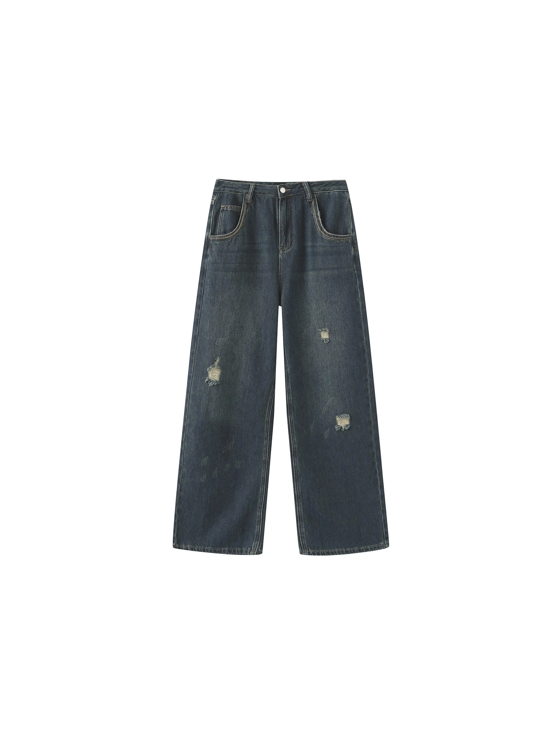 Hole Washed Straight Jeans