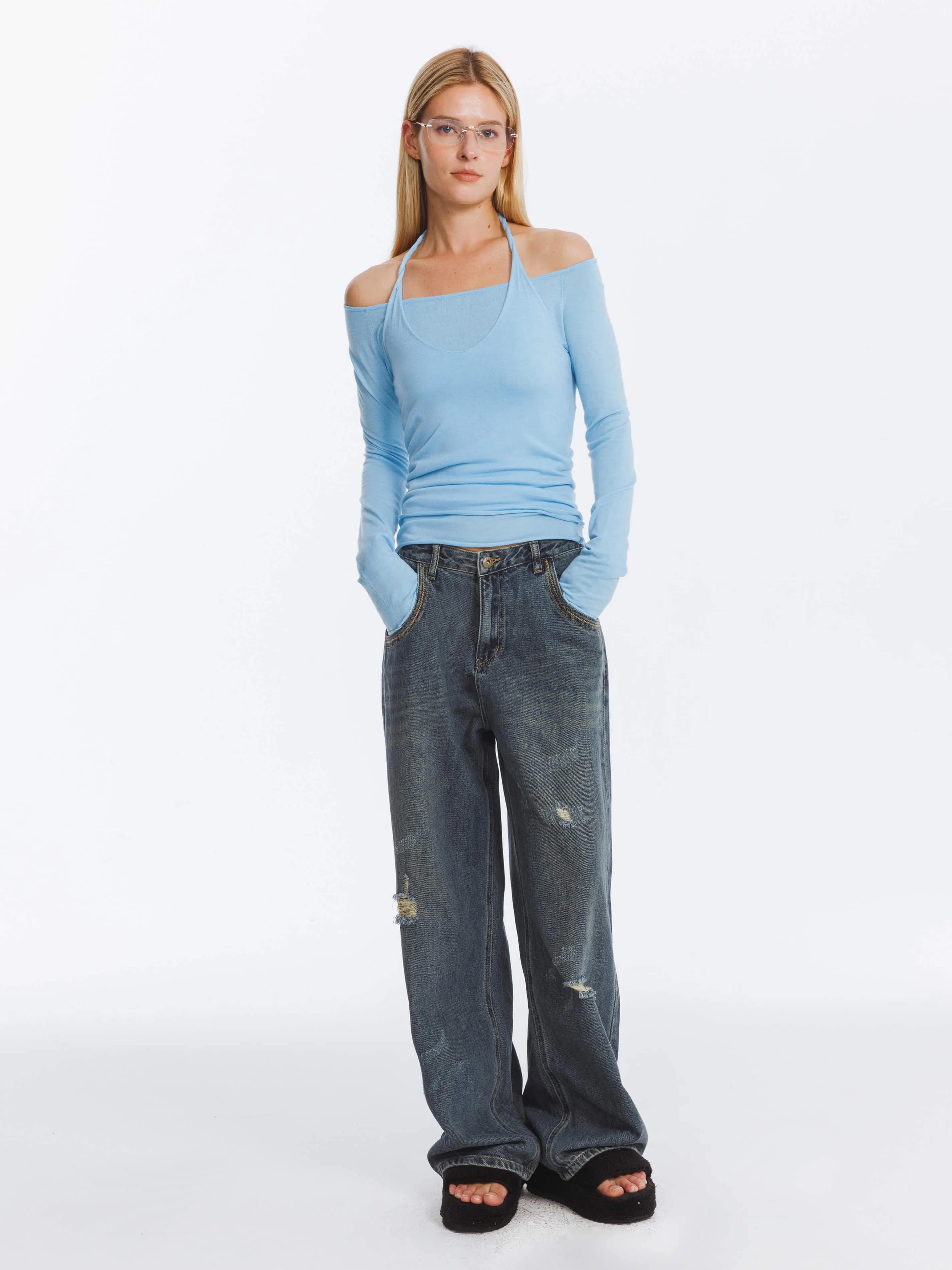 Hole Washed Straight Jeans