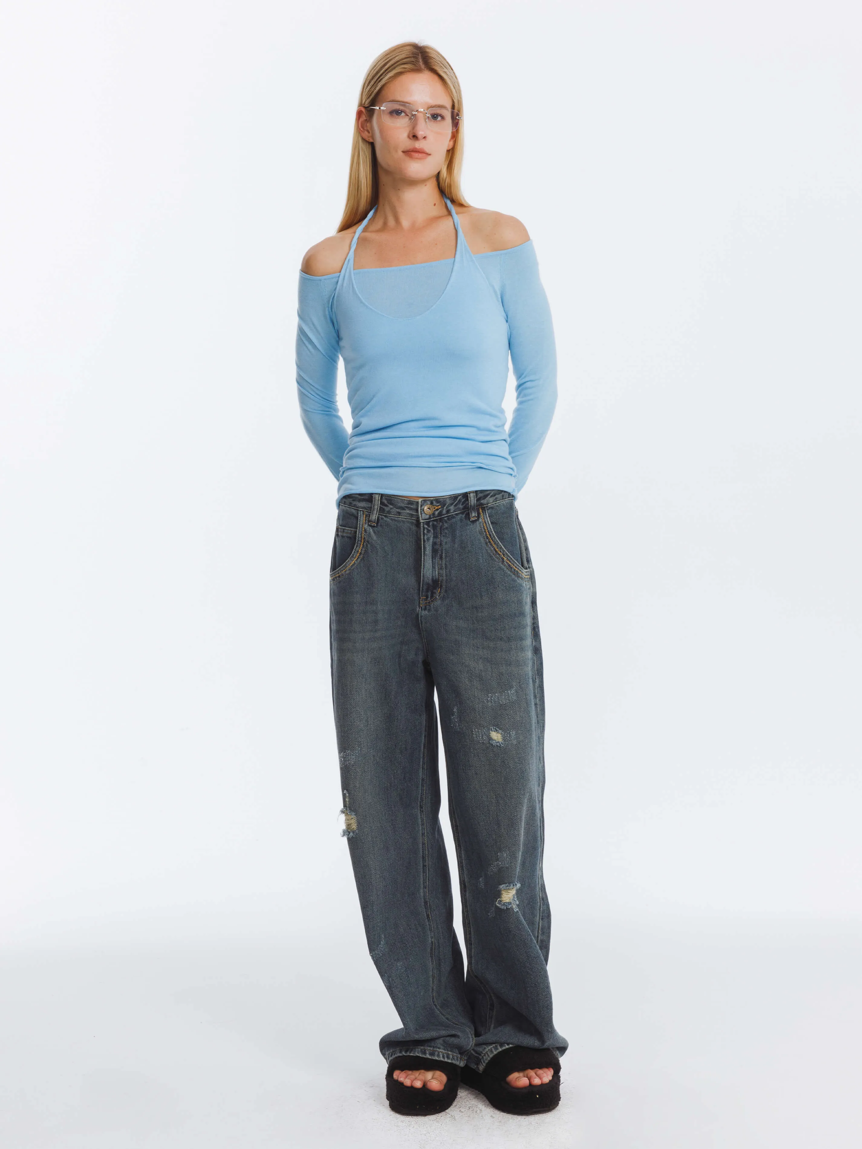Hole Washed Straight Jeans