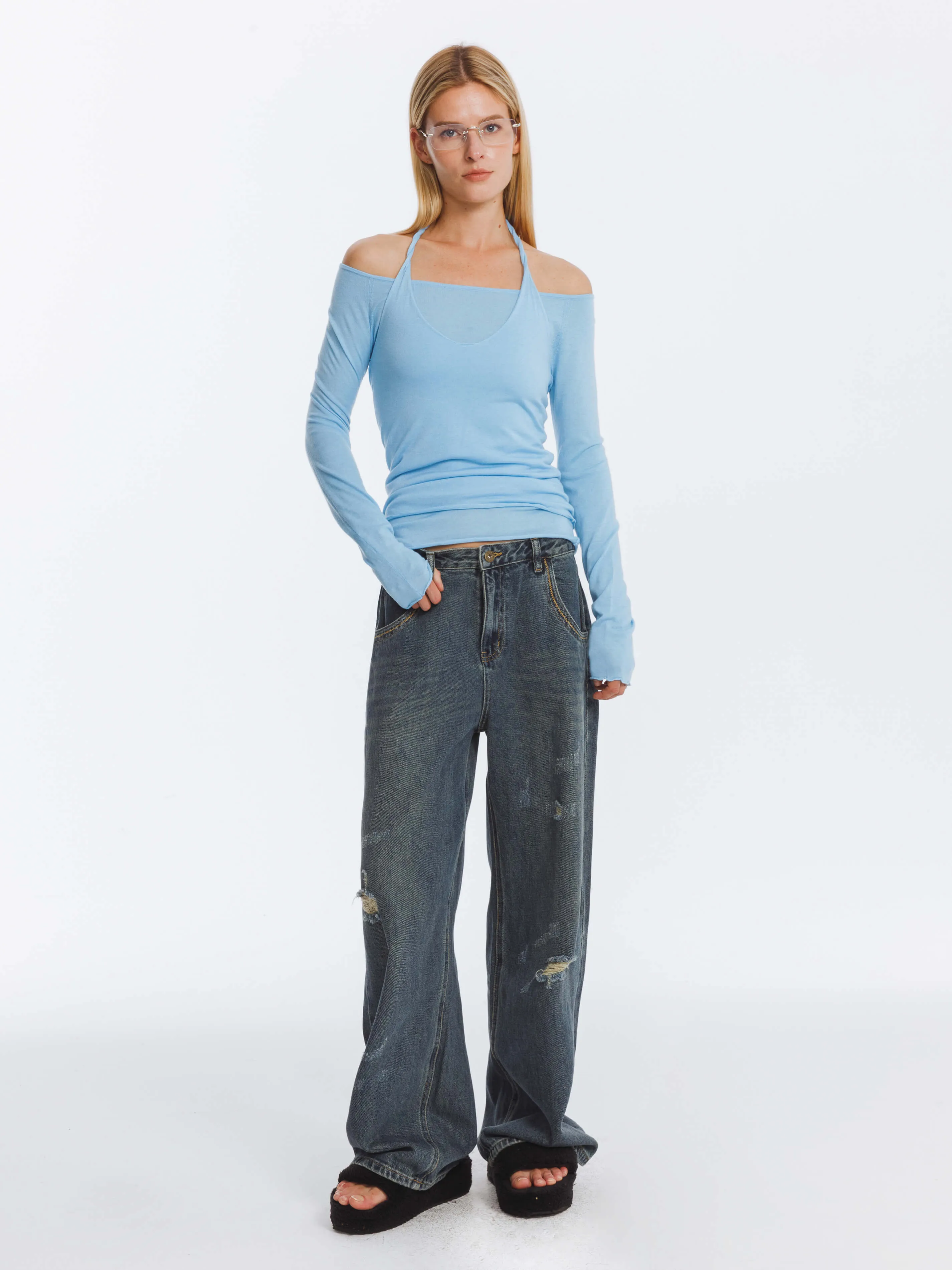 Hole Washed Straight Jeans