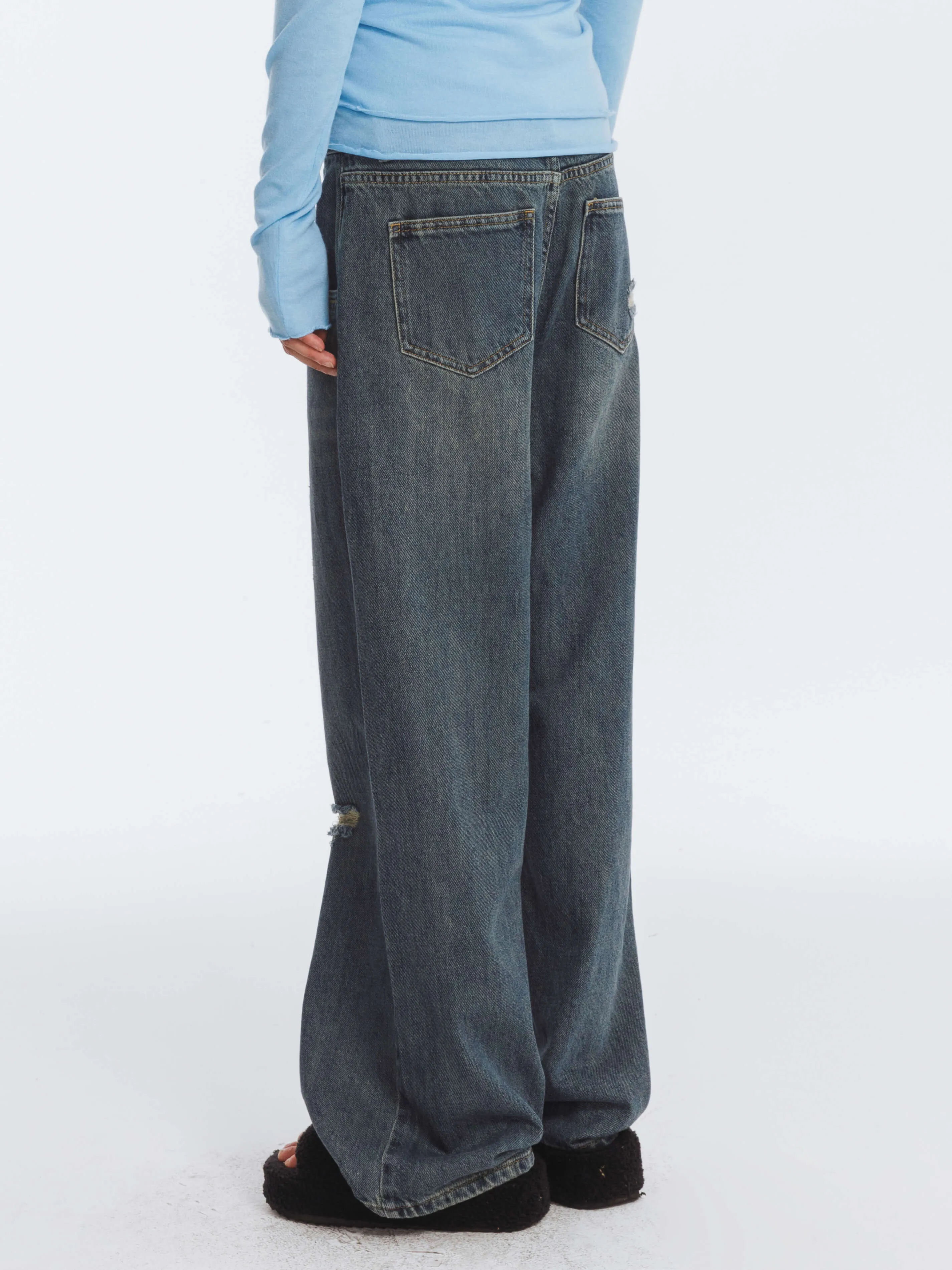 Hole Washed Straight Jeans