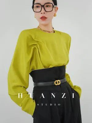 Huanzi silky satin pleated women's spring autumn long-sleeved top blouse - Aniy