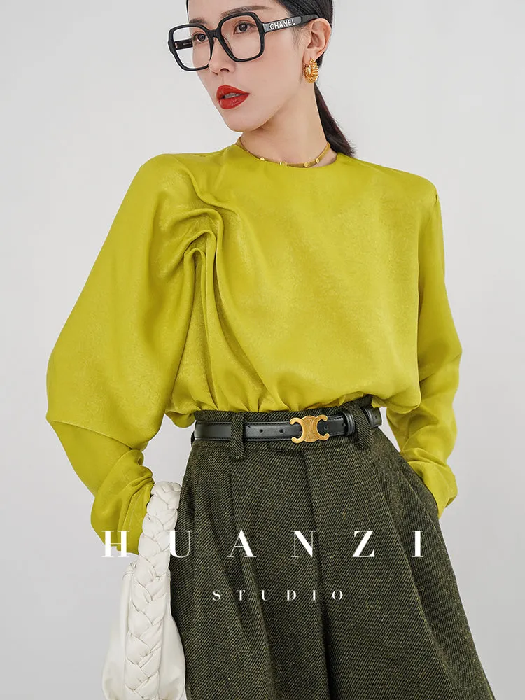 Huanzi silky satin pleated women's spring autumn long-sleeved top blouse - Aniy
