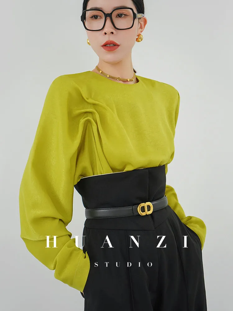 Huanzi silky satin pleated women's spring autumn long-sleeved top blouse - Aniy
