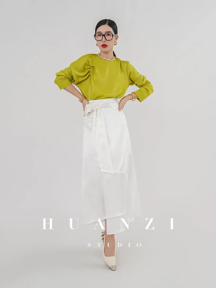 Huanzi silky satin pleated women's spring autumn long-sleeved top blouse - Aniy
