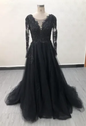 Illusion Black Lace A Line Wedding Bridal with Train