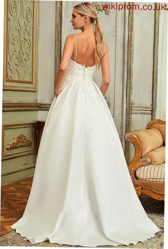 Izabelle Train Ball-Gown/Princess Sequins Dress Lace Satin Sweep Pockets V-neck Beading Wedding Dresses With Wedding Lace