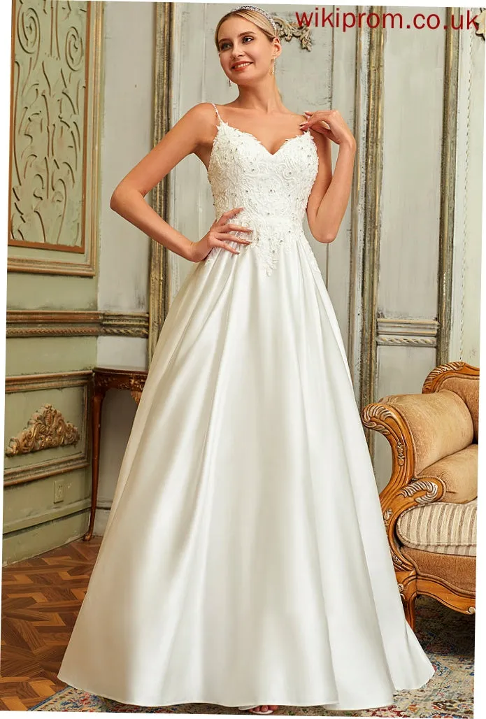 Izabelle Train Ball-Gown/Princess Sequins Dress Lace Satin Sweep Pockets V-neck Beading Wedding Dresses With Wedding Lace