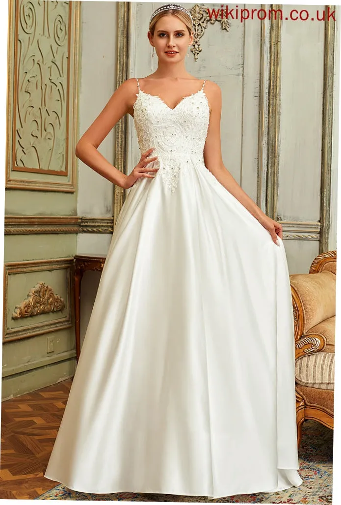 Izabelle Train Ball-Gown/Princess Sequins Dress Lace Satin Sweep Pockets V-neck Beading Wedding Dresses With Wedding Lace