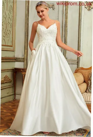 Izabelle Train Ball-Gown/Princess Sequins Dress Lace Satin Sweep Pockets V-neck Beading Wedding Dresses With Wedding Lace