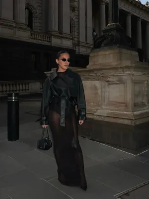 JACKIE LEATHER TRENCH COAT - BLACK