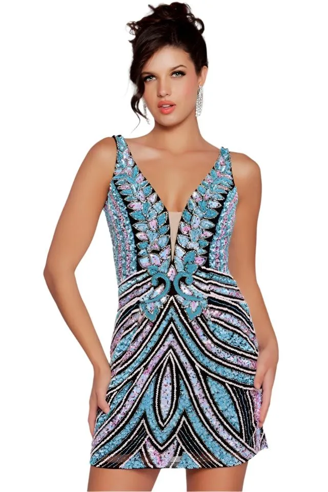 Jovani 25925 Short Beaded Cocktail Dress V Neck Fitted Prom Homecoming Gown