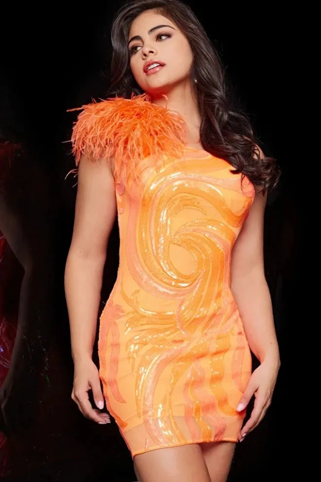 Jovani 36713 One Shoulder Cocktail Dress Homecoming Dress Stretch Mesh Sequin Fitted With Feather Detail
