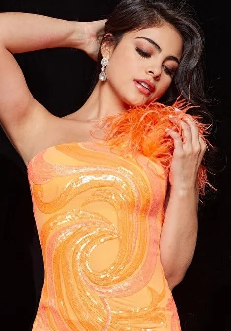 Jovani 36713 One Shoulder Cocktail Dress Homecoming Dress Stretch Mesh Sequin Fitted With Feather Detail