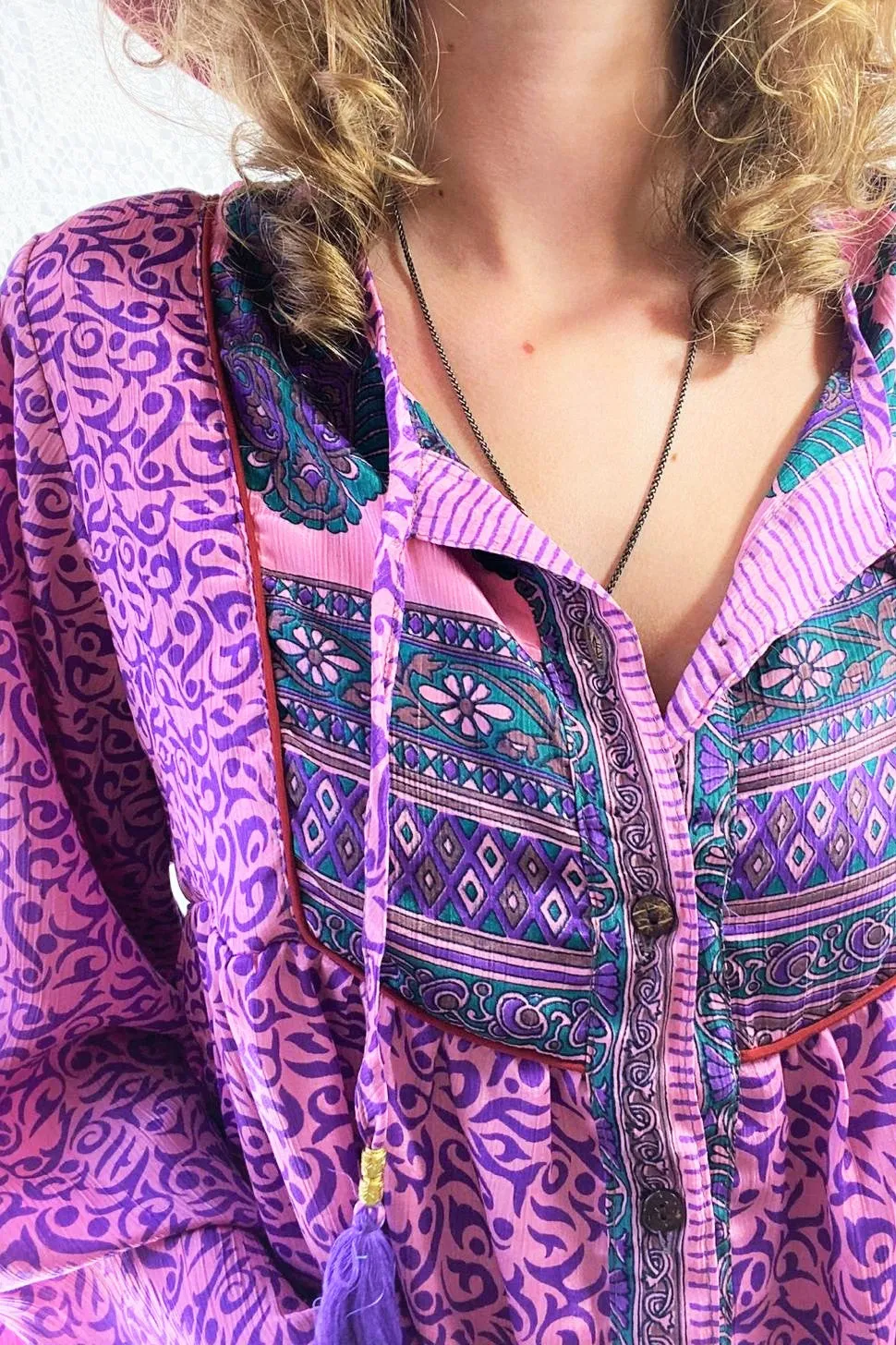 Jude Tunic Top - Vintage Indian Sari - Rosy Pink & Purple Flourish - S/M