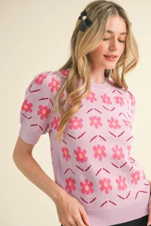 KAREN SHORT SLEEVE FLORAL KNIT SWEATER