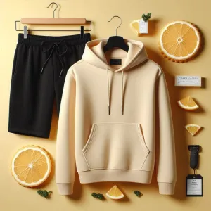 Lemon Tart Mens Plain Hoodie and Shorts Set - LTMHOSHS1 - Cream Black