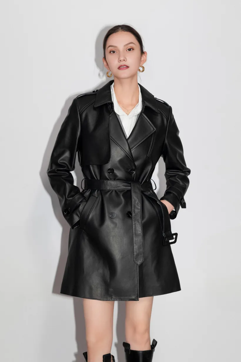 Long Sleeve Black Belted Leather Trench Coat