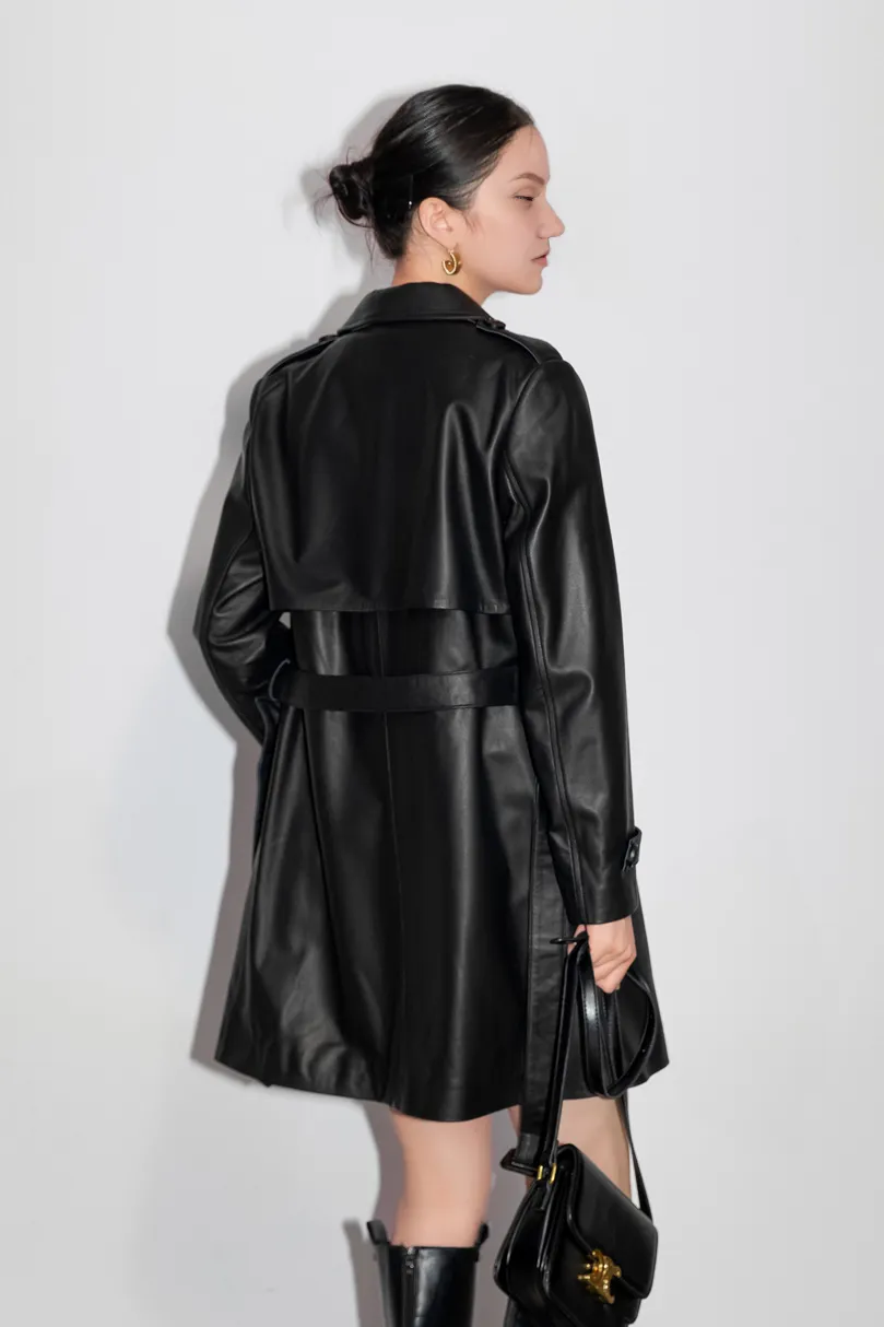 Long Sleeve Black Belted Leather Trench Coat