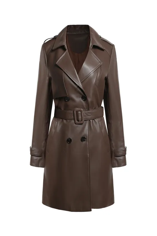 Long Sleeve Black Belted Leather Trench Coat