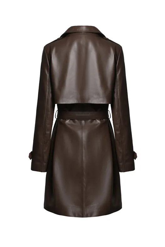 Long Sleeve Black Belted Leather Trench Coat