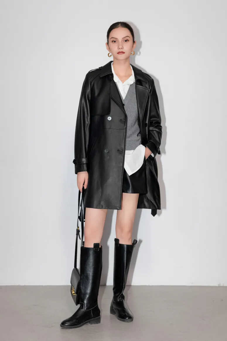 Long Sleeve Black Belted Leather Trench Coat