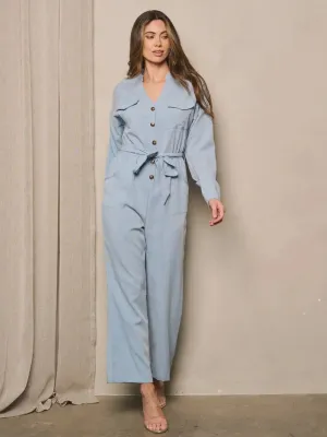 LONG SLEEVE BUTTON UP WIDE LEG JUMPSUIT
