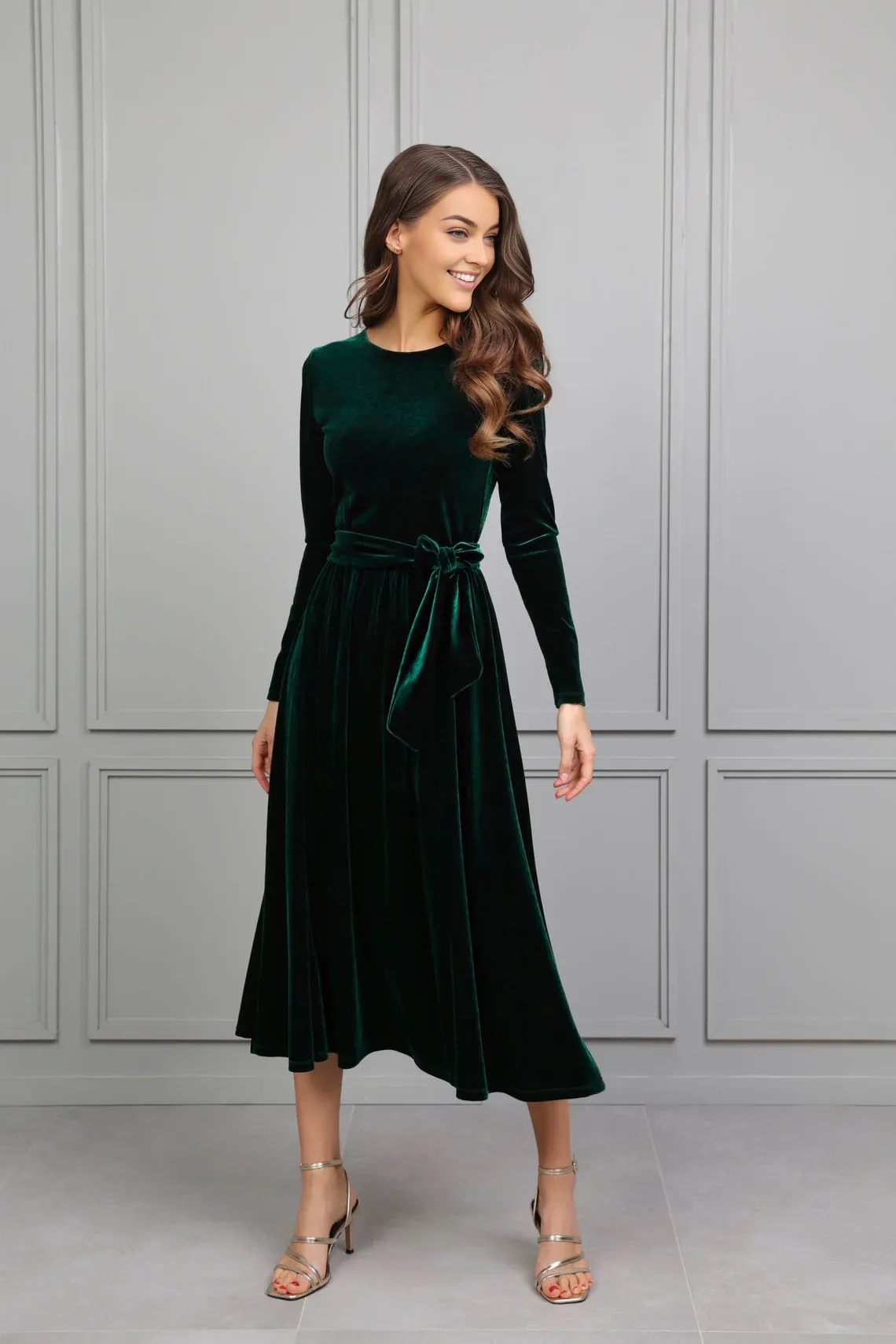 Long Sleeves Velvet Midi Dress Evening Dress Wedding Guest Dress Cocktail Dress Elegant Formal Dress