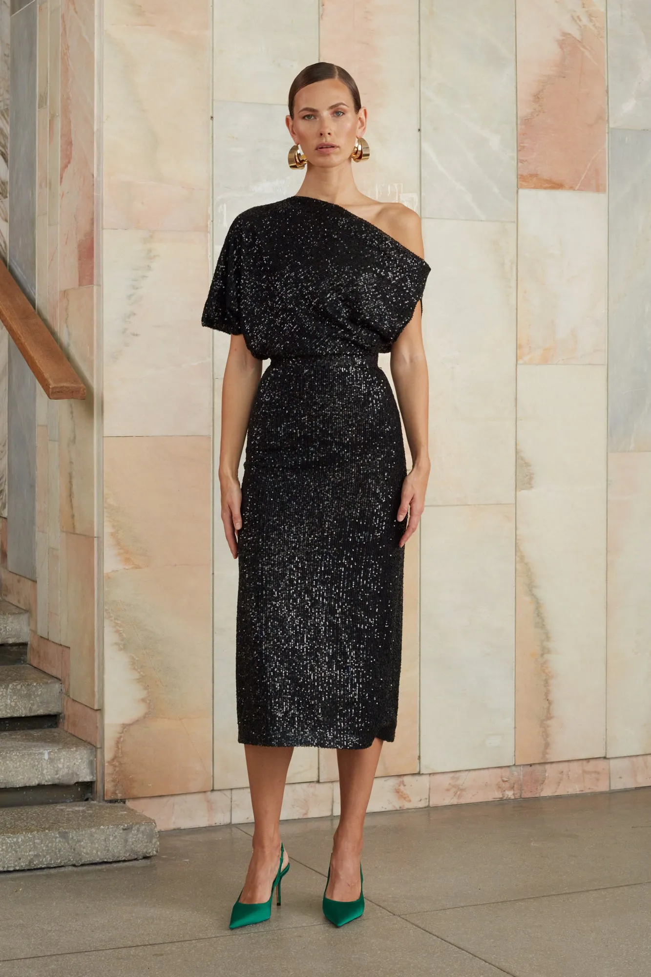 MARGO black sequin asymmetric cocktail dress
