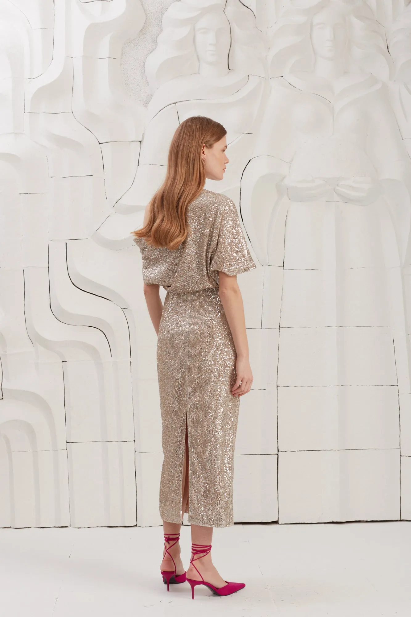MARGO silver sequin asymmetric midi dress
