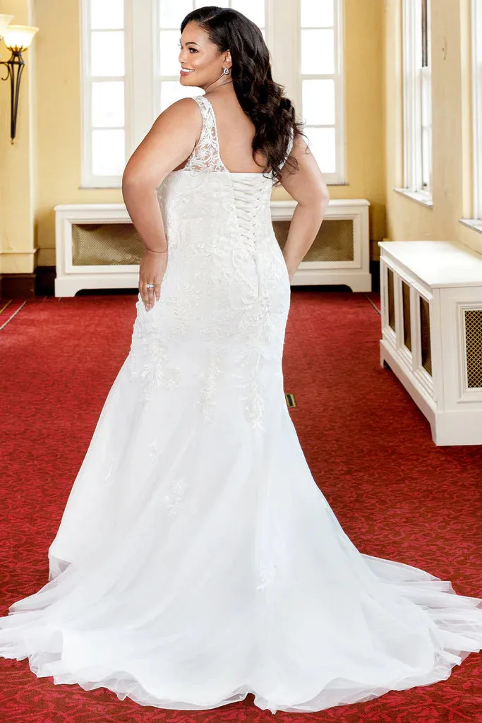 Michelle Bridal For Sydney's Closet MB2317 Fitted Silhouette Tulle Lace Embroidered Lace Appliques Seed Pearls Bugle Beads, Crystals Clear Sequins Satin Lining Deep V-Neck Plus Size "Netali" Bridal Gown
