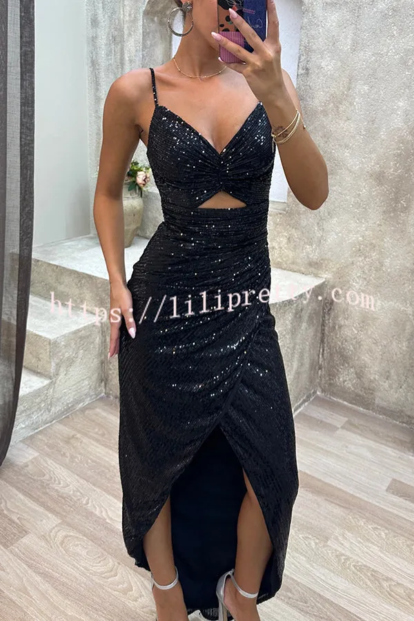 Night of Luxury Sequin Cutout Ruched Slit Evening Maxi Dress