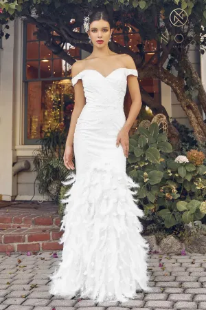 Nox Anabel C1106W Long Fitted Mermaid Feather Lace Wedding Gown Prom Dress off the shoulder