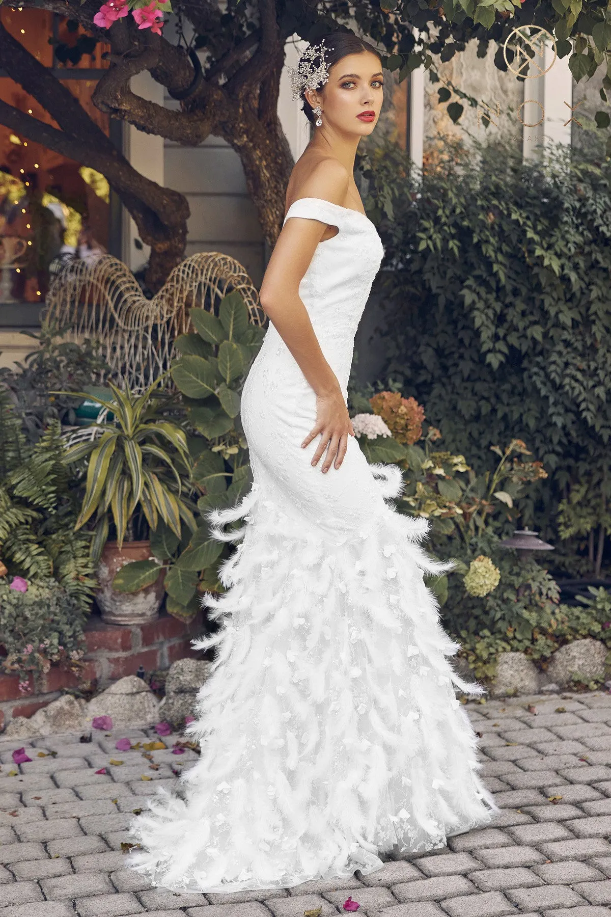 Nox Anabel C1106W Long Fitted Mermaid Feather Lace Wedding Gown Prom Dress off the shoulder