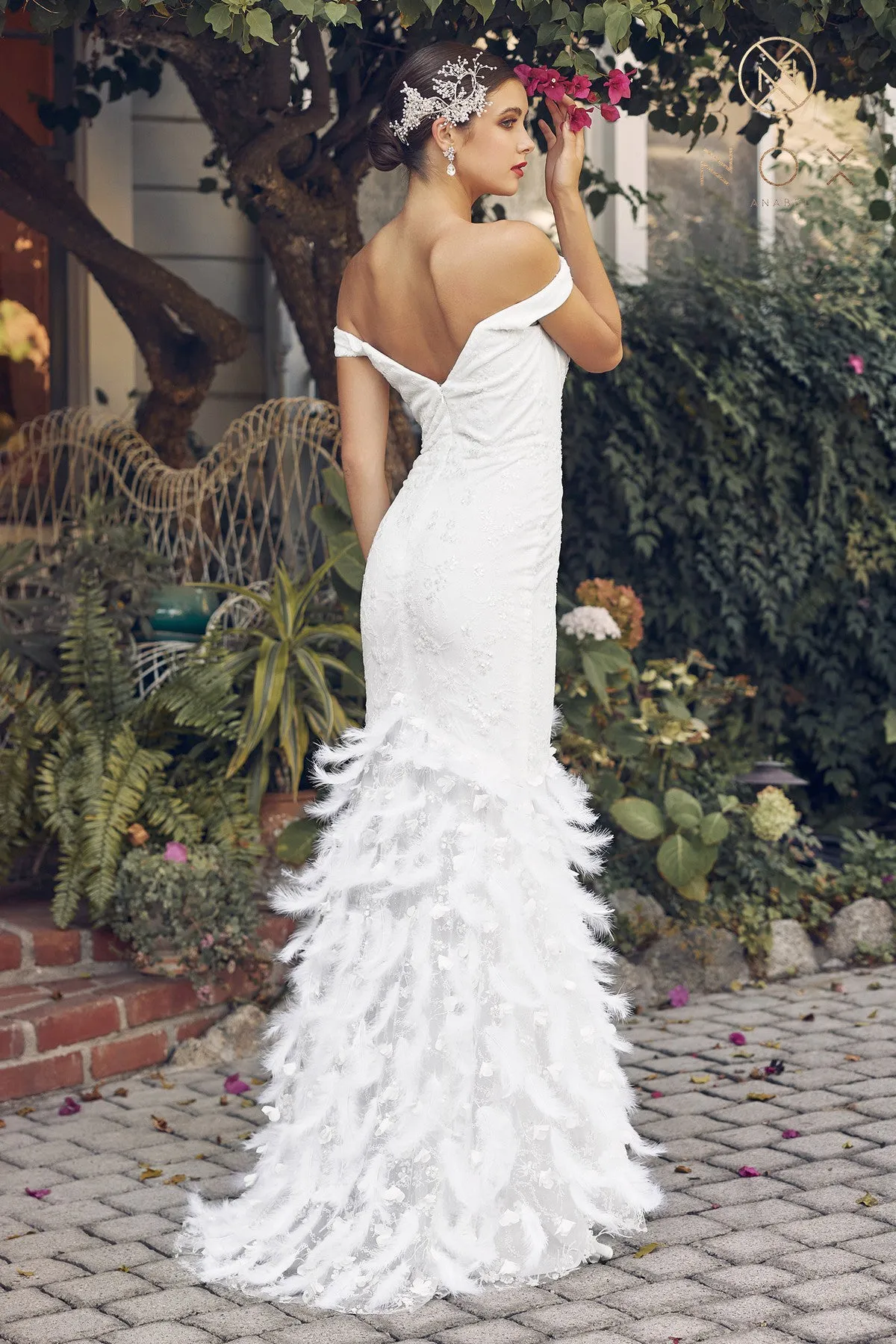 Nox Anabel C1106W Long Fitted Mermaid Feather Lace Wedding Gown Prom Dress off the shoulder