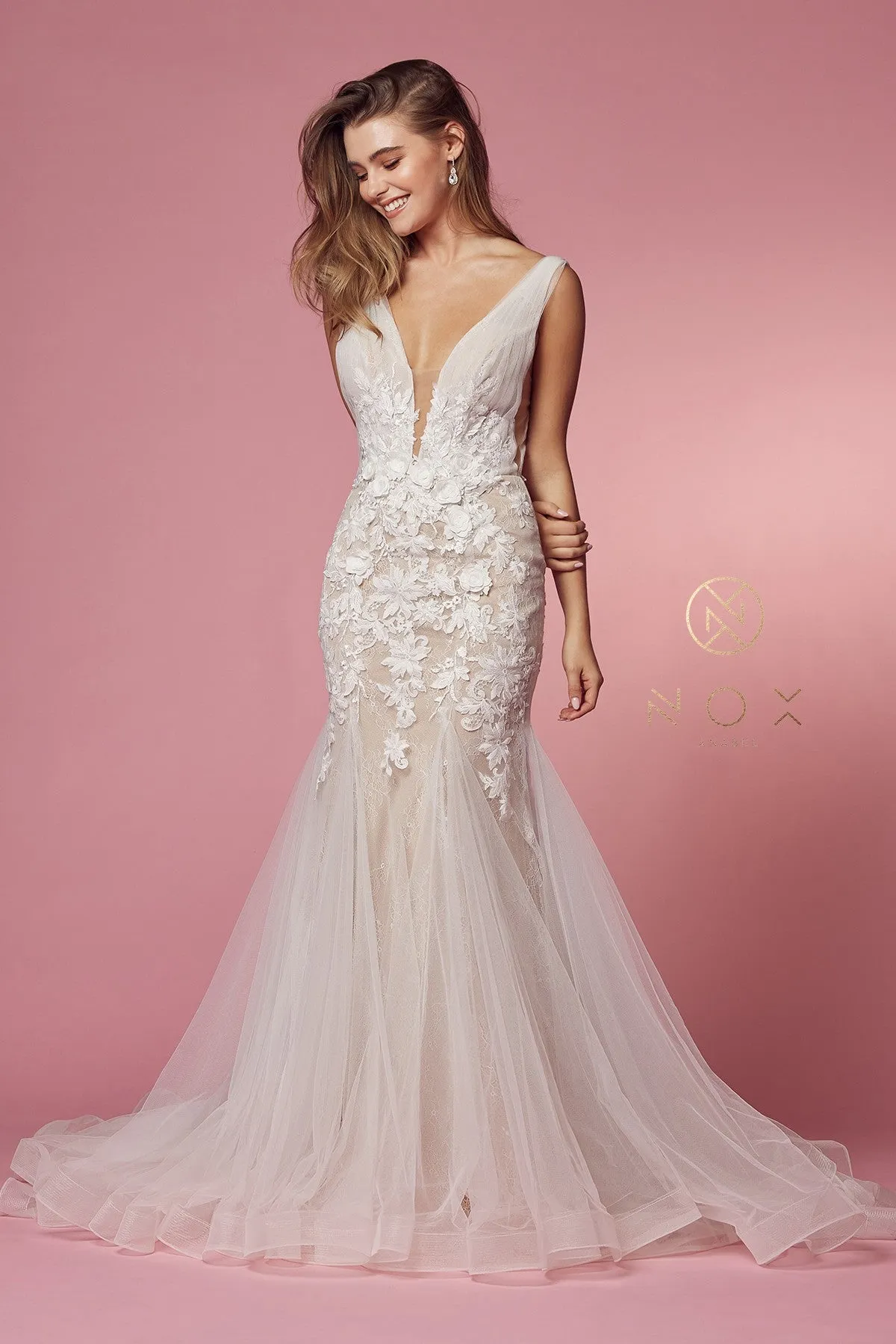 Nox Anabel JE917 3D Floral Lace Mermaid Wedding Dress Bridal Gown Boho Train