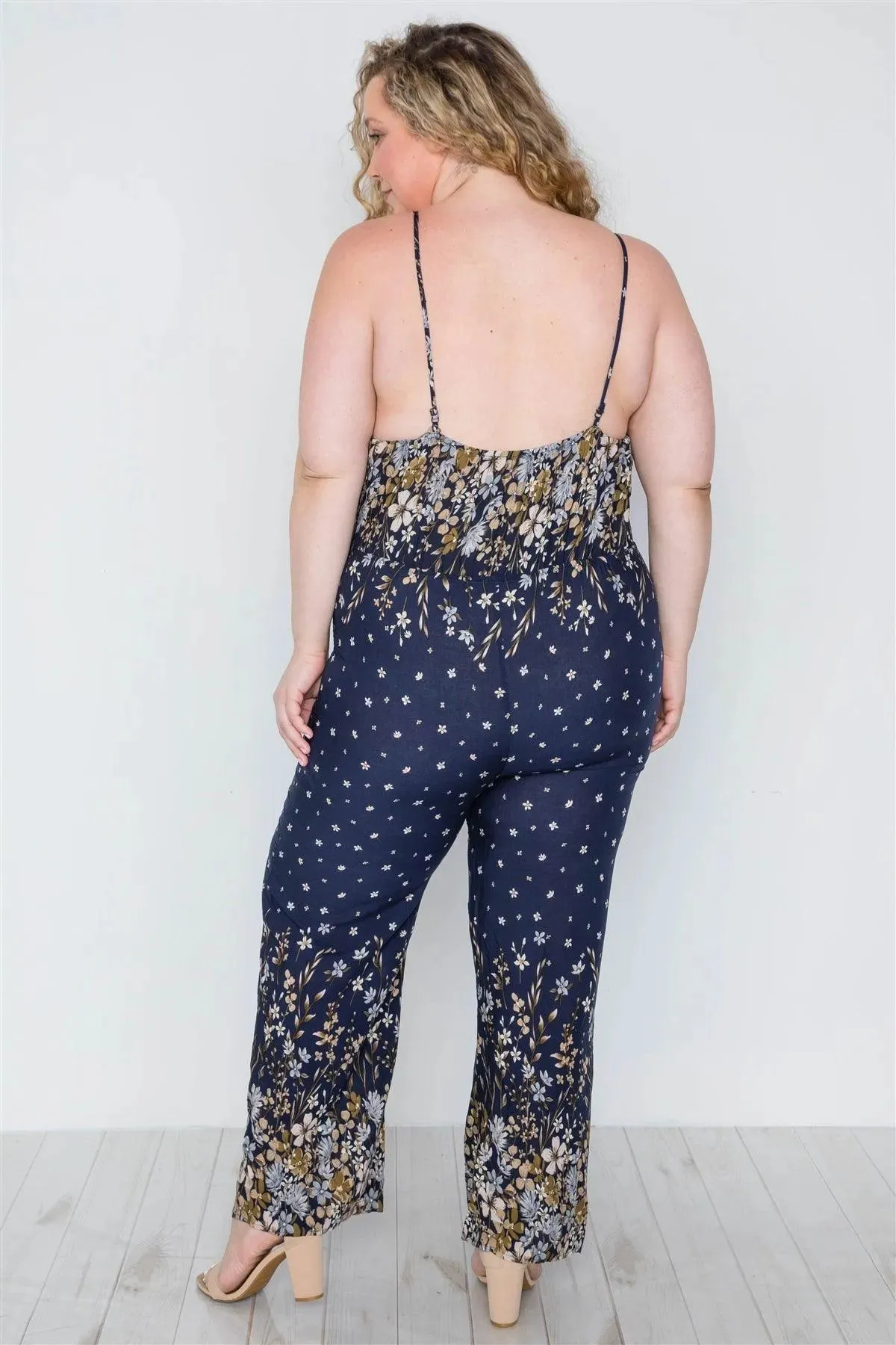 Plus Size Navy Floral Print Cami Straps Romper / 2-2-2
