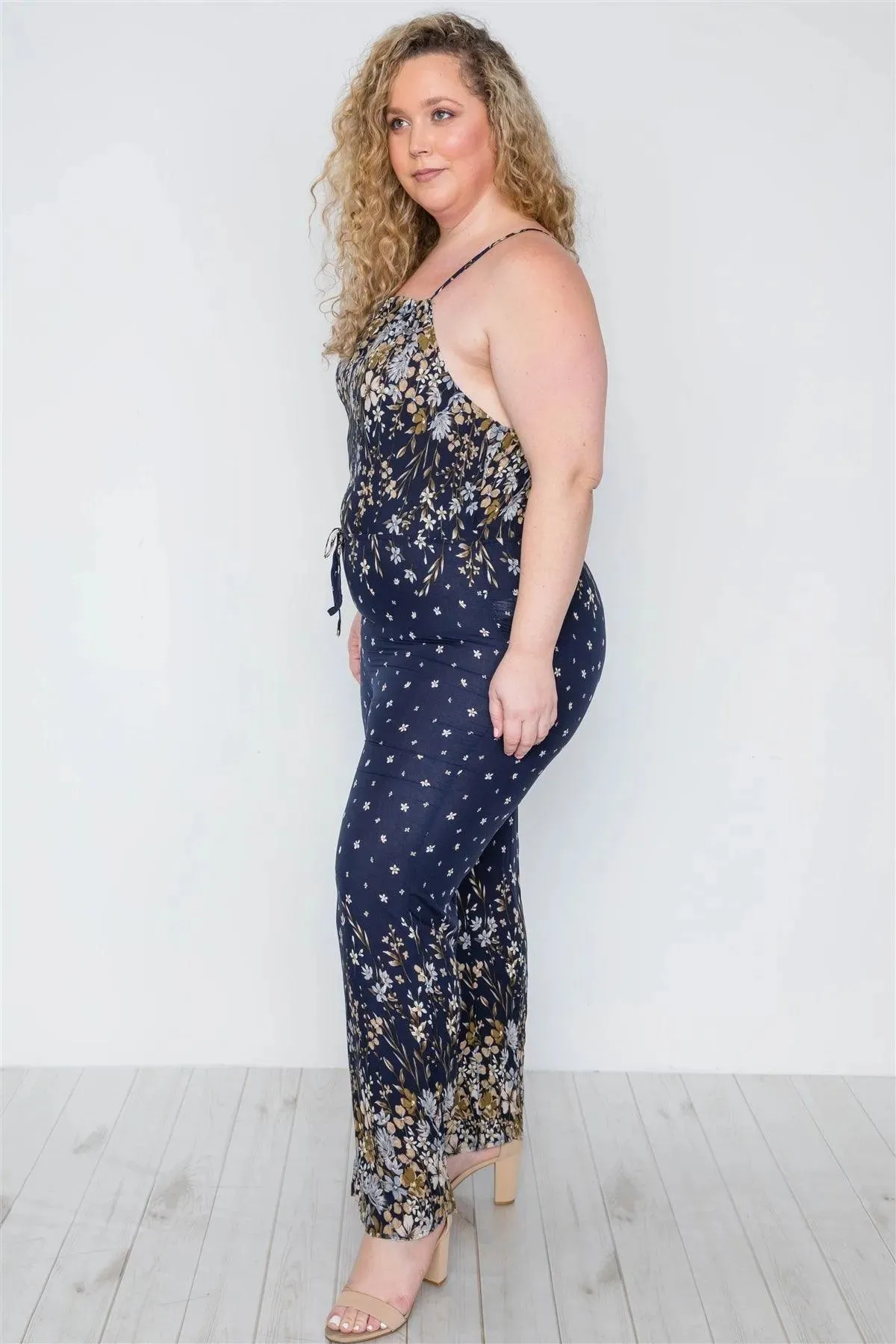 Plus Size Navy Floral Print Cami Straps Romper / 2-2-2