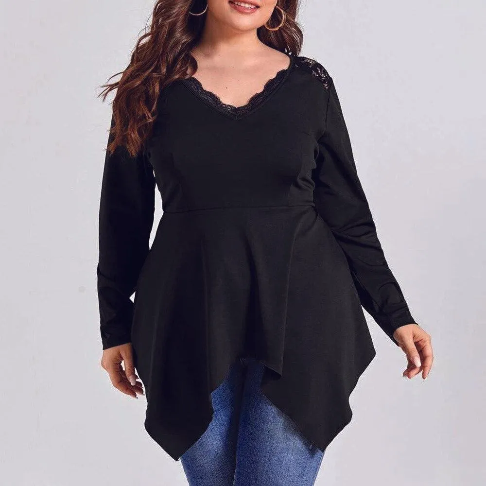 Plus Size V-Neck Lace Patchwork Irregular Blouse