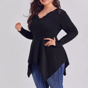 Plus Size V-Neck Lace Patchwork Irregular Blouse