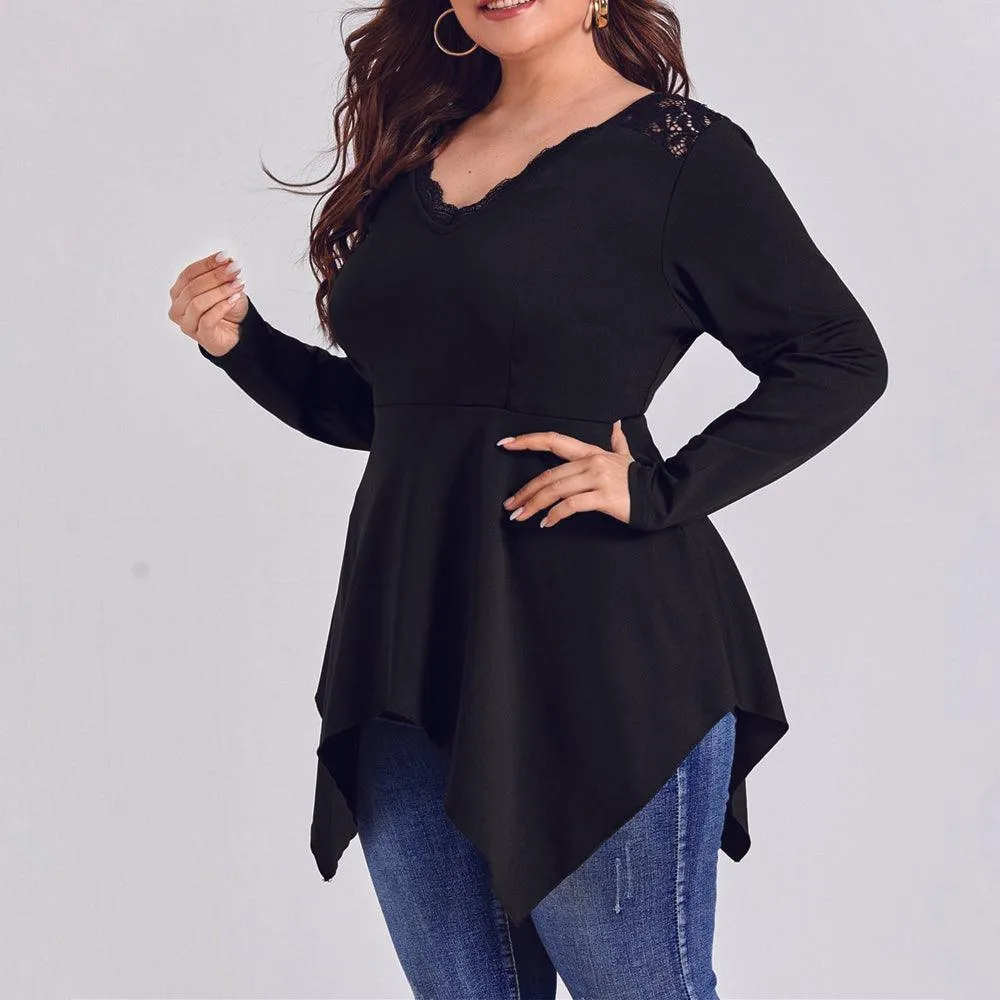 Plus Size V-Neck Lace Patchwork Irregular Blouse