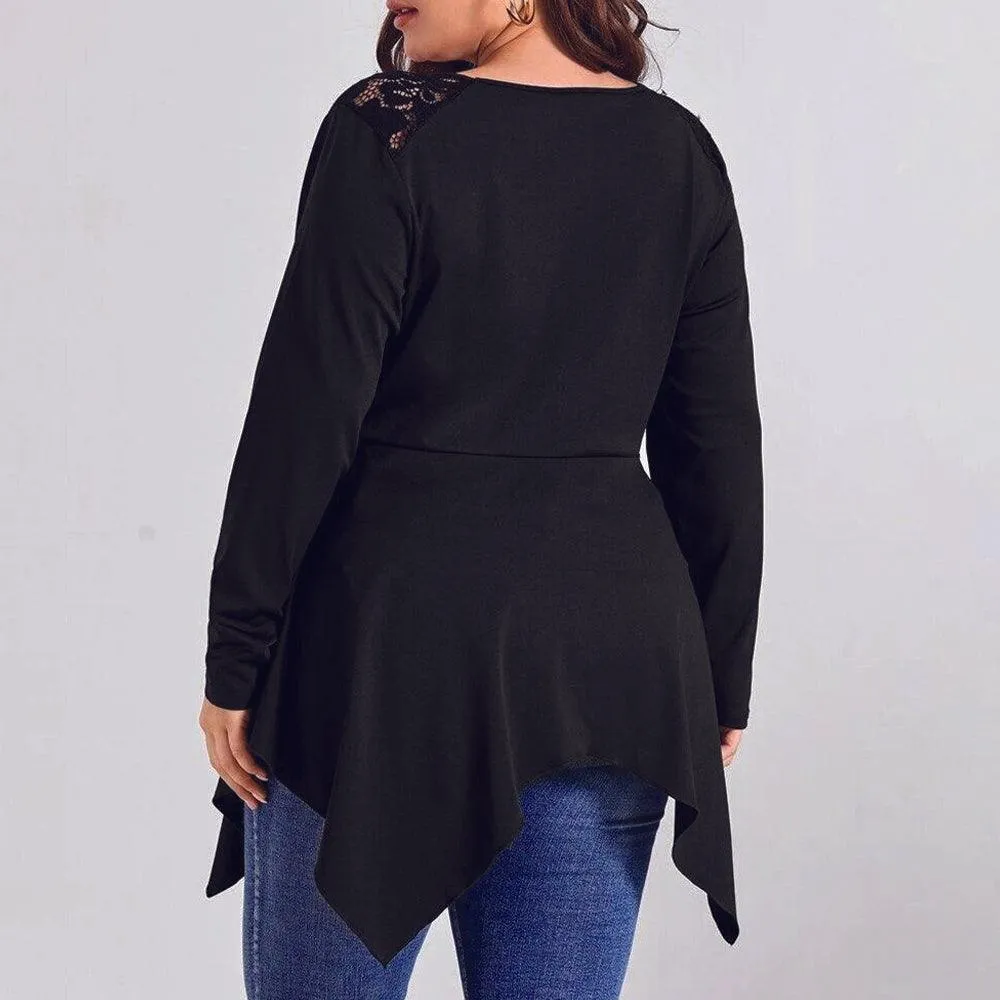Plus Size V-Neck Lace Patchwork Irregular Blouse